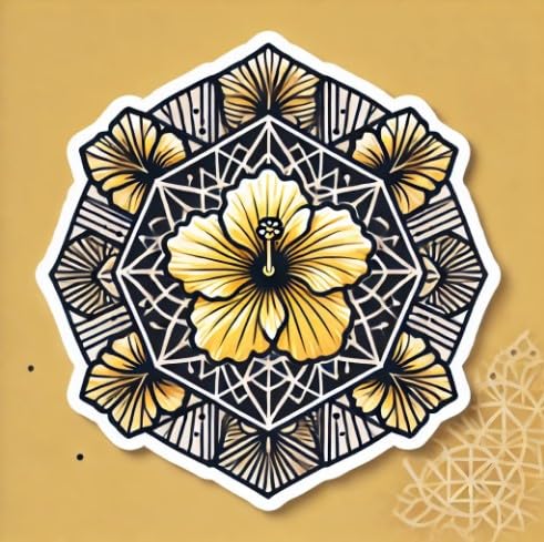 Vinyl sticker: Laptop Wall Car Window Bumper Sticker Decal Truck Waterproof Auto Water Bottle – Mandala Hibiscus Brackenridgei with Geometric Floral Pattern in Yellow Bloom (4)