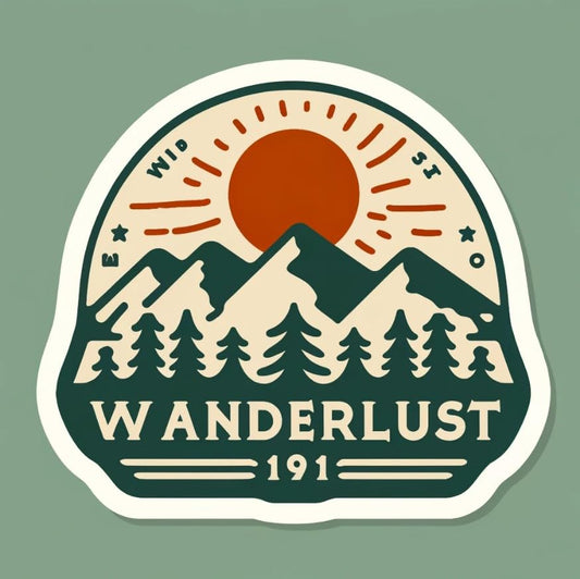 Vinyl sticker: Vintage Wanderlust Decal – Pine Forest and Sunset for Car, Laptop, Window, Water Bottle, Truck, Bumper