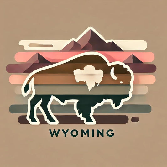Vinyl sticker: Minimalist Bison Window Laptop Car Wall Waterproof Sticker – Layered Flat Design Buffalo with Abstract Wyoming Mountains and Flag Accent for Truck Auto Bumper Water Bottle