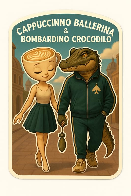 Vinyl sticker: Waterproof Cappuccino Ballerina & Bombardino Crocodilo Sticker for Laptop Wall Car Window Bumper Decal Truck Auto Water Bottle – Sporty Streetwalk Couple with White Outline 4in