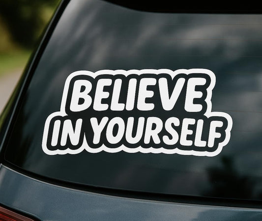 Vinyl sticker: Vinyl Waterproof Sticker for Car Window Laptop Wall Bumper Truck Auto Water Bottle “Believe in Yourself” Motivational Bubble Font Decal with Bold Outline