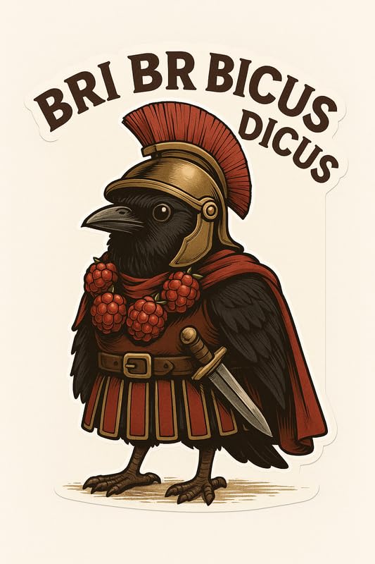 Vinyl sticker: Laptop Wall Car Window Bumper Sticker Decal Truck Waterproof Auto Water Bottle BRI BRI BICUS DICUS Bold Meme Gladiator Bird in Raspberry Armor with Sword and Arch Text Roman Style