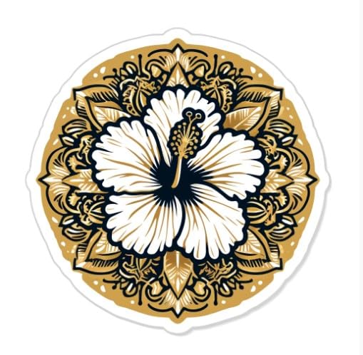 Vinyl sticker: Laptop Wall Car Window Bumper Sticker Decal Truck Waterproof Auto Water Bottle – Gold Mandala Hibiscus Brackenridgei with Botanical Floral Pattern on White Background