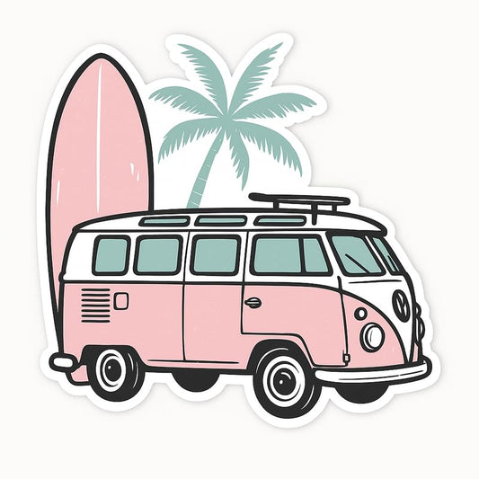 Vinyl sticker: Vintage Pink Camper Van Sticker – Waterproof Vinyl Surfboard & Palm Tree Decal for Laptop, Car, Truck, Window, Bumper, Auto, Water Bottle – Retro VW Bus Design – Variation 3
