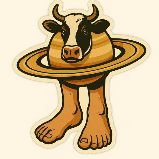 Vinyl sticker: La Vaca Saturno Saturnita Sticker – Retro Funk Cow Saturn Meme Vinyl Decal for Laptop, Wall, Car, Window, Water Bottle, Bumper, Auto, Truck – Surreal Planet Animal Hybrid – Waterproof
