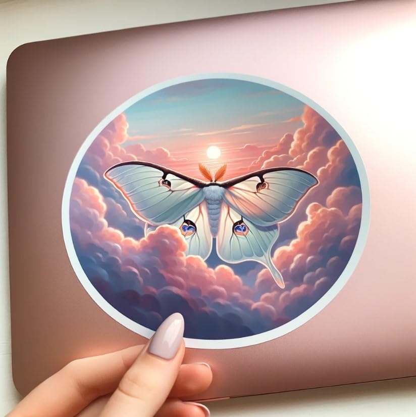 Vinyl sticker: Luna Moth at Dawn Laptop Wall Car Window Bumper Sticker Decal - Dreamy Cloud-Filled Sky with Glowing Wings, Uplifting Vinyl for Trucks, Water Bottles, Auto, and More (6)