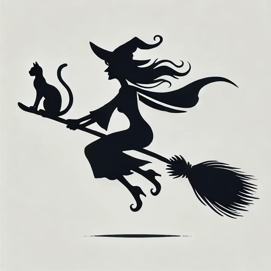 Vinyl sticker: Halloween Witch and Cat Silhouette Flying on a Broomstick Sticker for Laptop, Wall, Car, Window, Bumper, Waterproof Vinyl Decal for Trucks and Water Bottles