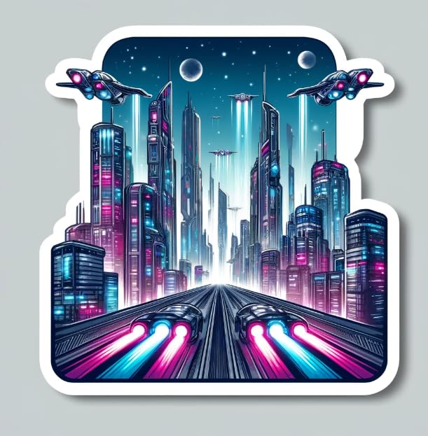 Vinyl sticker: Futuristic Cityscape Sticker - Neon Skyline with Flying Cars Decal for Sci-Fi Fans and Dreamers