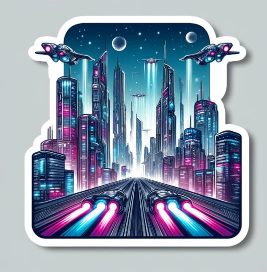 Vinyl sticker: Futuristic Cityscape Sticker - Neon Skyline with Flying Cars Decal for Sci-Fi Fans and Dreamers