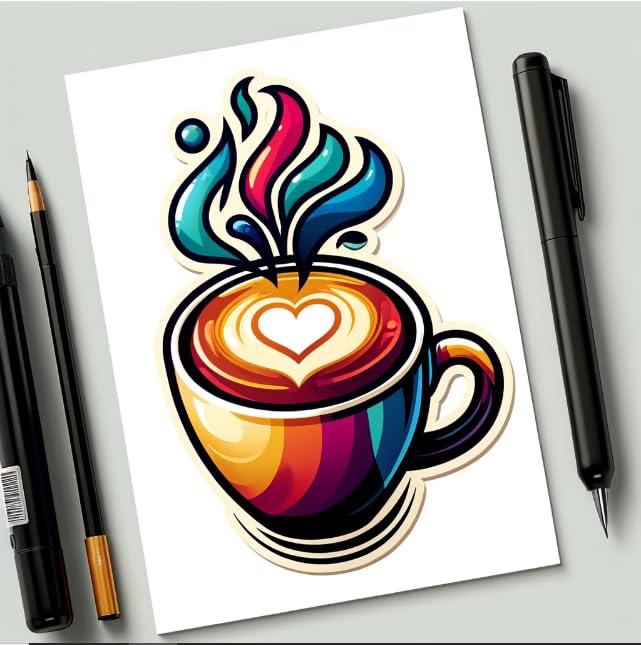 Vinyl sticker: Heart Coffee Cup Sticker - Vibrant Modern Art Decal for Laptops, Cars, and Coffee Enthusiasts. Illustration of a Coffee Cup with a Steaming Heart-Shaped Design on its Foam.