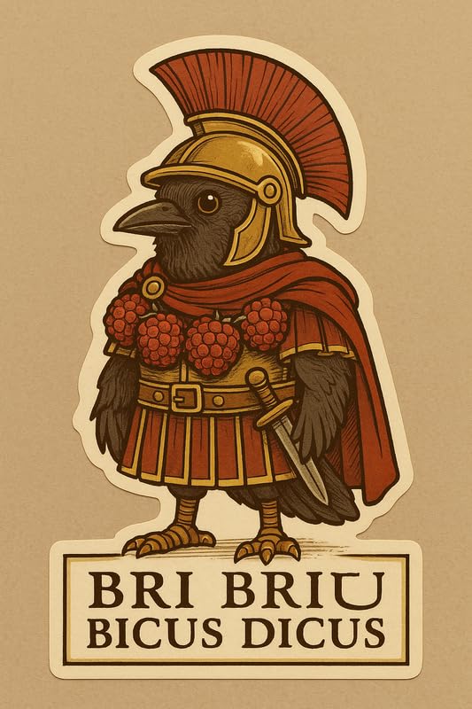 Vinyl sticker: Laptop Wall Car Window Bumper Sticker Decal Truck Waterproof Auto Water Bottle BRI BRI BICUS DICUS Roman Style Meme Bird Gladiator with Raspberry Armor Classic Warrior Crow Design