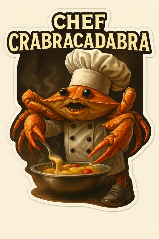 Vinyl sticker: Laptop Wall Car Window Bumper Sticker Decal Truck Waterproof Auto Water Bottle Chef CRABRACADABRA Realistic Funny Crab Meme with Chef Hat Cooking Pasta in Surreal Culinary Kitchen Design