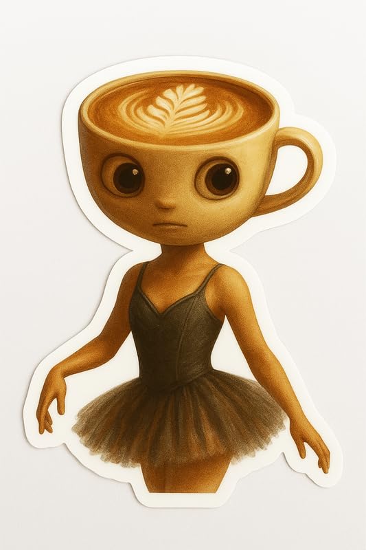 Vinyl sticker: Waterproof Cappuccino Ballerina Sticker for Laptop Wall Car Window Bumper Decal Truck Auto Water Bottle – Realistic Espresso Head Ballet Dancer Art 4in