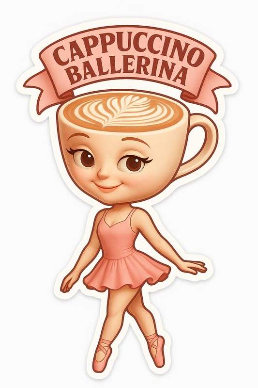 Vinyl sticker: Waterproof Cappuccino Ballerina Sticker for Laptop Wall Car Window Bumper Decal Truck Auto Water Bottle – Cheerful Coffee Cup Girl with Banner and Smile 4in