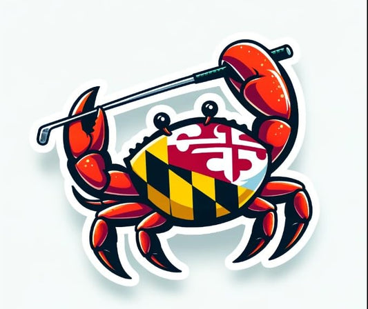 Vinyl sticker: "Maryland Golf Crab" Decal - Colorful State Flag-Themed Crab with Golf Club Sticker. Sticker Design Featuring a Crab Decorated in The Vibrant Colors of The Maryland State Flag.