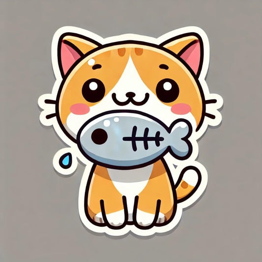 Vinyl sticker: Cute Cartoon Cat with Fishbone Sticker for Laptop, Wall, Car, Window, Bumper, Truck, Waterproof Decal - Fun Design
