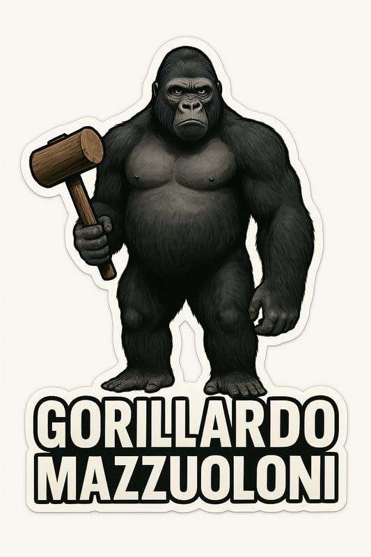 Vinyl sticker: Gorillardo Mazzuoloni Meme Gorilla Waterproof Sticker for Laptop Wall Car Window Bumper Decal Truck Auto Water Bottle Full Body with Hammer and Bold Text