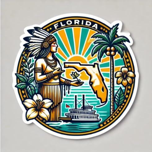 Vinyl sticker: Artistic Florida State Seal Sticker for Car, Laptop, Water Bottle, and Bumper – Bold Emblem Decal with Palm Trees and Steamboat, Waterproof and Durable (6)