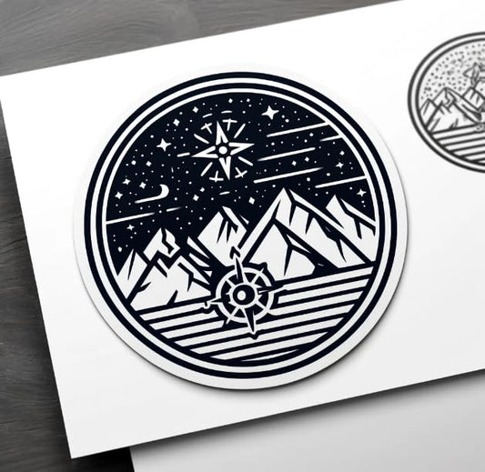 Vinyl sticker: Minimalist Mountain and Starry Sky Sticker – Compass Adventure Decal for Nature Lovers