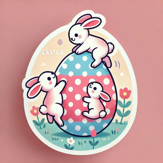 Vinyl sticker: Easter Bunnies on Polka-Dot Egg Sticker for Laptop, Wall, Car, Window, Bumper, Decal, Truck, Waterproof, Auto, Water Bottle – Playful Rabbits with Pastel Colors
