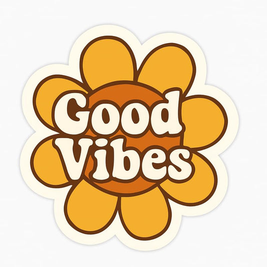 Vinyl sticker: Good Vibes Flower Sticker – Waterproof Vinyl Retro Decal for Laptop, Car, Wall, Window, Bumper, Truck, Auto – 70s Style Cream Font in Yellow Orange Daisy Design – Variation 3
