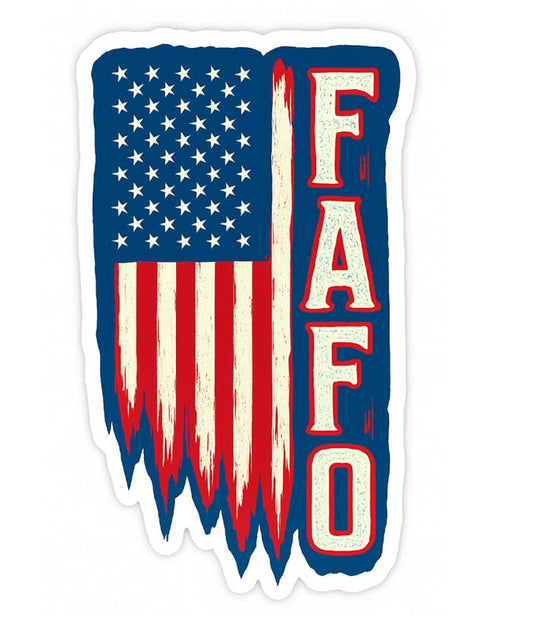 Vinyl sticker: FAFO Torn American Flag Sticker – Vertical Red White Blue Distressed Flag with FAFO Letters – Color Vinyl Decal for Laptop, Wall, Car, Window, Bumper, Truck, Auto, Water Bottle – Variation 25