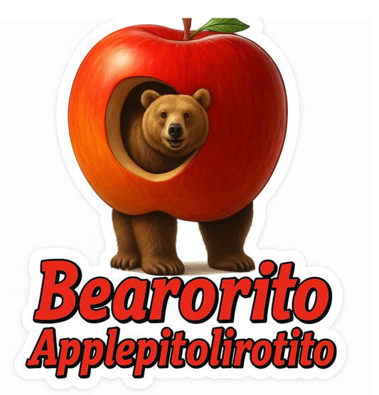 Vinyl sticker: Bearorito Applepitolirotito Sticker for Laptop Wall Car Window Bumper Truck Auto Water Bottle – Apple-Bear Meme Hybrid Vinyl Decal 4 in