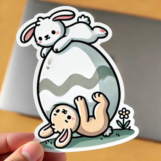 Vinyl sticker: Easter Bunnies Balancing on Egg Sticker for Laptop, Wall, Car, Window, Bumper, Decal, Truck, Waterproof, Auto, Water Bottle – Funny Rabbits on Giant Egg (6)
