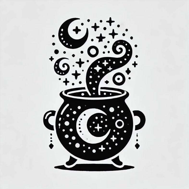 Vinyl sticker: Christmas Witch's Cauldron Laptop, Wall, Car, Window, Bumper Sticker Decal - Bubbling Potion, Holly & Snowflakes - Black & White - Waterproof