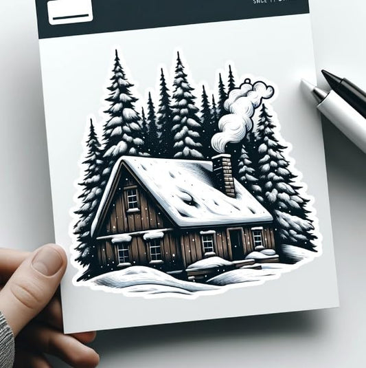 Vinyl sticker: Cozy Cabin in Snowy Landscape Sticker - Rustic Winter Decal for Gear, Laptops, Home Decor - Vinyl Sticker for Winter Enthusiasts