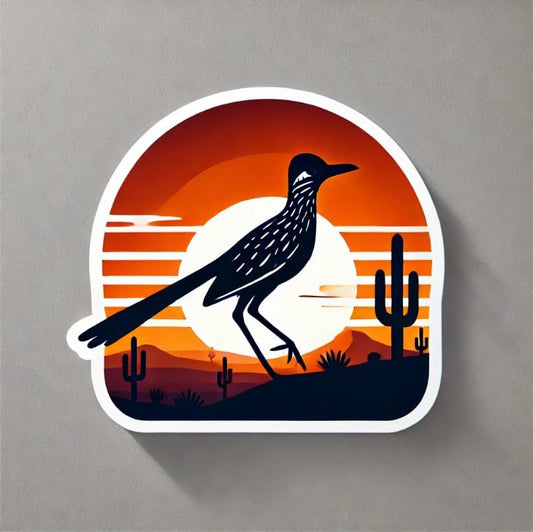 Vinyl sticker: Laptop Wall Car Window Bumper Sticker Decal Truck Waterproof Auto Water Bottle – Sunrise Chaparral Bird Silhouette with Long Shadows and Orange Desert Horizon