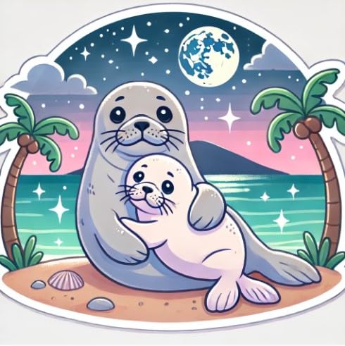 Vinyl sticker: Waterproof Laptop Wall Car Window Bumper Sticker Decal of Hawaiian Monk Seal Family Cuddling Under Starry Moonlit Beach Sky
