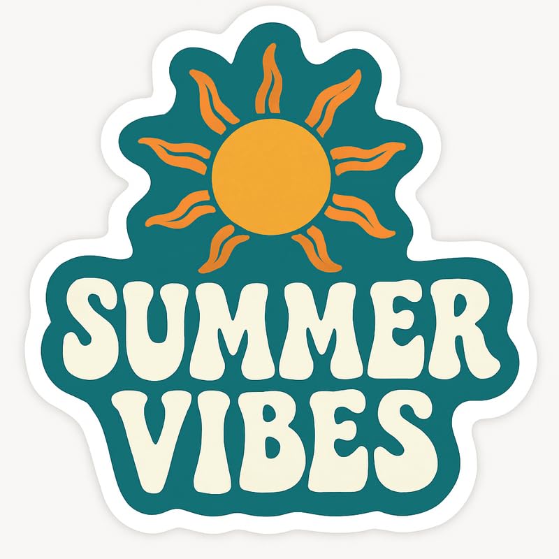 Vinyl sticker: Vintage Summer Vibes Sticker – Retro Waterproof Decal for Laptop, Car, Wall, Window, Bumper, Truck, Auto – Cream Bubble Letters with Classic Sun Icon – Variation 3