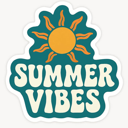 Vinyl sticker: Vintage Summer Vibes Sticker – Retro Waterproof Decal for Laptop, Car, Wall, Window, Bumper, Truck, Auto – Cream Bubble Letters with Classic Sun Icon – Variation 3