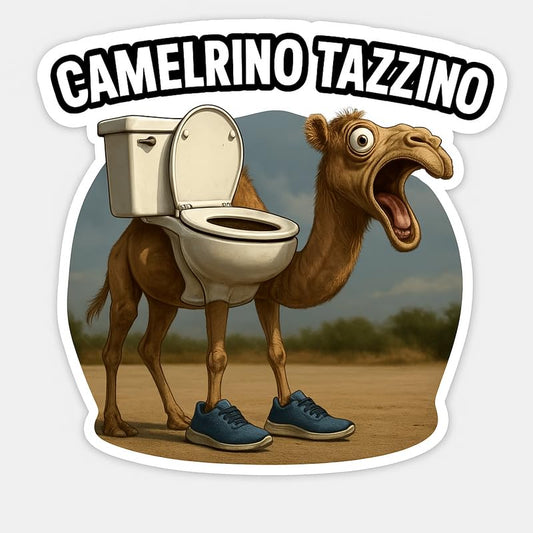 Vinyl sticker: Laptop Wall Car Window Bumper Sticker Decal Truck Waterproof Auto Water Bottle CAMELRINO TAZZINO Realistic Camel Toilet Meme with Sneakers Funny Animal Surreal Humor Design for Any Surface