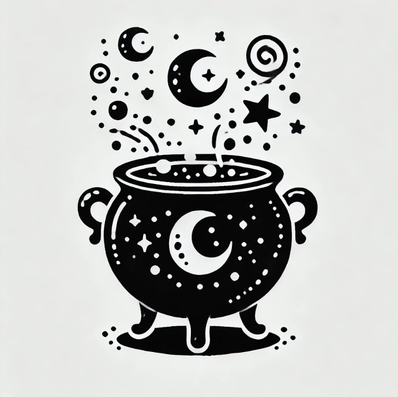 Vinyl sticker: Minimalistic Witch's Cauldron Laptop, Wall, Car, Window, Bumper Sticker Decal - Bubbling Potion, Crescent Moons & Stars - Black & White - Waterproof (4)