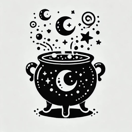 Vinyl sticker: Minimalistic Witch's Cauldron Laptop, Wall, Car, Window, Bumper Sticker Decal - Bubbling Potion, Crescent Moons & Stars - Black & White - Waterproof (4)