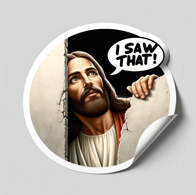 Vinyl sticker: "I Saw That" Jesus Peeks Over Edge - Comic-Inspired Wall Decal for Laptops, Car Windows, Bumpers & More - Waterproof & Subtle Grey Outline