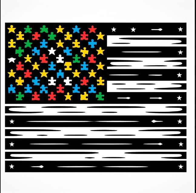 Vinyl sticker: Autism Awareness American Flag Sticker - Symbolic Puzzle Pieces and Vibrant Unity
