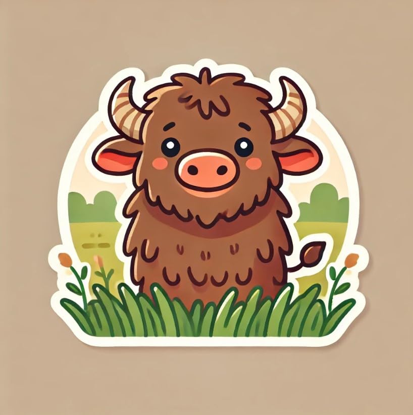 Vinyl sticker: Kind Buffalo Sticker Decal for Laptop, Wall, Car, Window, Bumper, Truck, Water Bottle - Gentle Buffalo with Warm Smile in Meadow - Durable Vinyl Sticker for Auto and Home Decor
