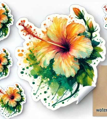 Vinyl sticker: Laptop Wall Car Window Bumper Sticker Decal Truck Waterproof Auto Water Bottle – Abstract Watercolor Hibiscus Brackenridgei with Flowing Yellow and Tropical Tones