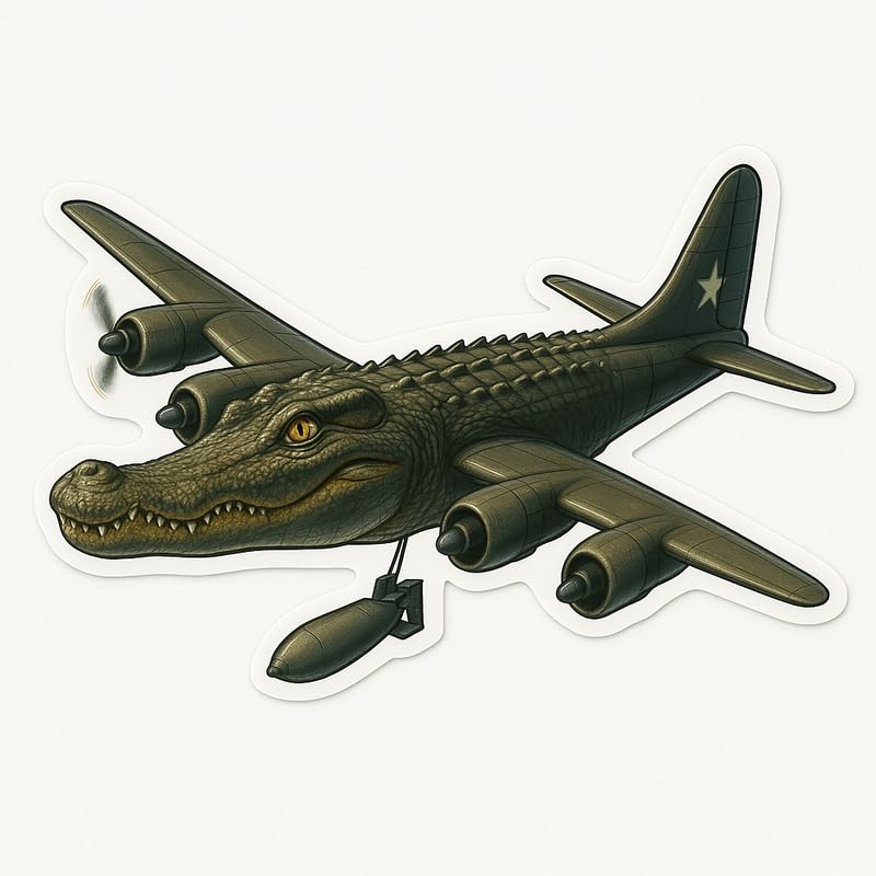 Vinyl sticker: Waterproof Bombardino Crocodilo Sticker for Laptop Wall Car Window Bumper Decal Truck Auto Water Bottle – Crocodile Bomber with Suspended Bomb WWII Style 4in