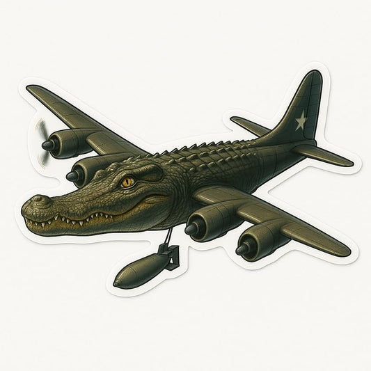 Vinyl sticker: Waterproof Bombardino Crocodilo Sticker for Laptop Wall Car Window Bumper Decal Truck Auto Water Bottle – Crocodile Bomber with Suspended Bomb WWII Style 4in