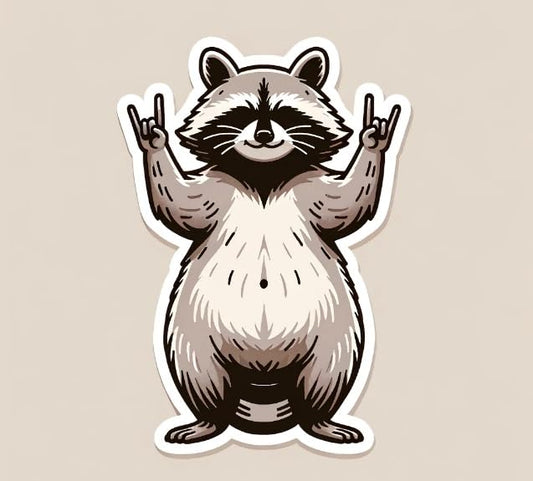 Vinyl sticker: "Rock 'n' Roll Raccoon" Sticker - Playful Raccoon Hand Gesture Decal