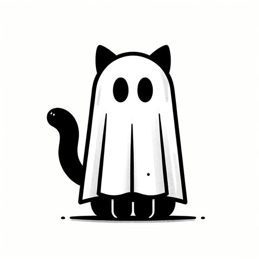 Vinyl sticker: Minimalist Ghost Kitten Sticker - Black Kitten in Ghost Costume, Cute and Spooky, Halloween Decor