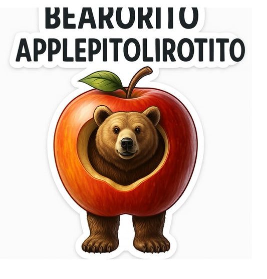 Vinyl sticker: Bearorito Applepitolirotito Sticker for Laptop Wall Car Window Bumper Truck Auto Water Bottle – Bear in Apple Meme Hybrid Vinyl Decal 4 in