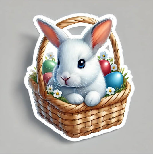 Vinyl sticker: Easter Bunny in Basket Sticker for Laptop, Wall, Car, Window, Bumper, Decal, Truck, Waterproof, Auto, Water Bottle – Cute White Rabbit with Colorful Eggs