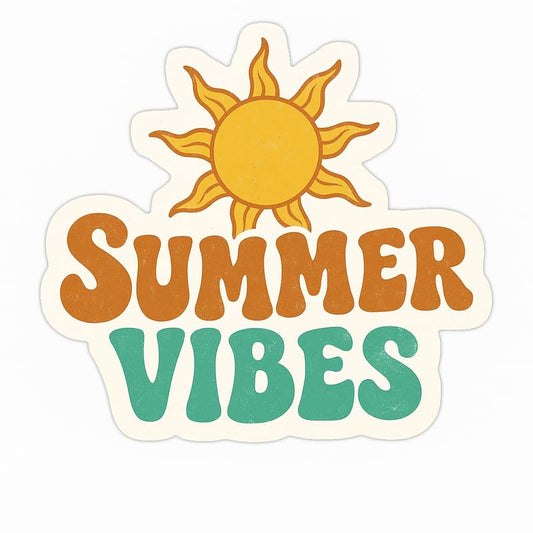 Vinyl sticker: Vintage Summer Vibes Sticker – Waterproof Vinyl Decal for Laptop, Car, Wall, Window, Bumper, Auto, Truck – Retro Brown & Teal Font with Orange Sun Graphic – Variation 6