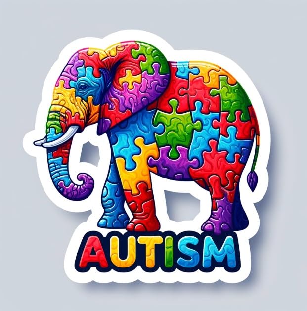 Vinyl sticker: Autism Awareness Puzzle Elephant Sticker - Autism Spectrum Elephant Puzzle Decal - Majestic Design with 'Autism' Text, Symbolizing Strength and Uniqueness
