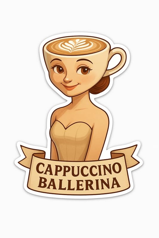 Vinyl sticker: Waterproof Cappuccino Ballerina Sticker for Laptop Wall Car Window Bumper Decal Truck Auto Water Bottle – Cute Pink Coffee Dancer with Latte Art and Name Banner 4in